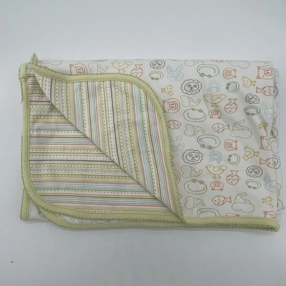 Nordstrom Layette Green Animal Striped Unisex Baby Blanket Lions Pigs Frogs Fish